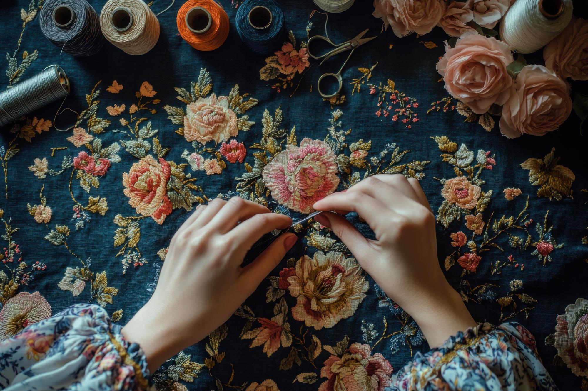 artisan stitching an embroidered floral motif on linen