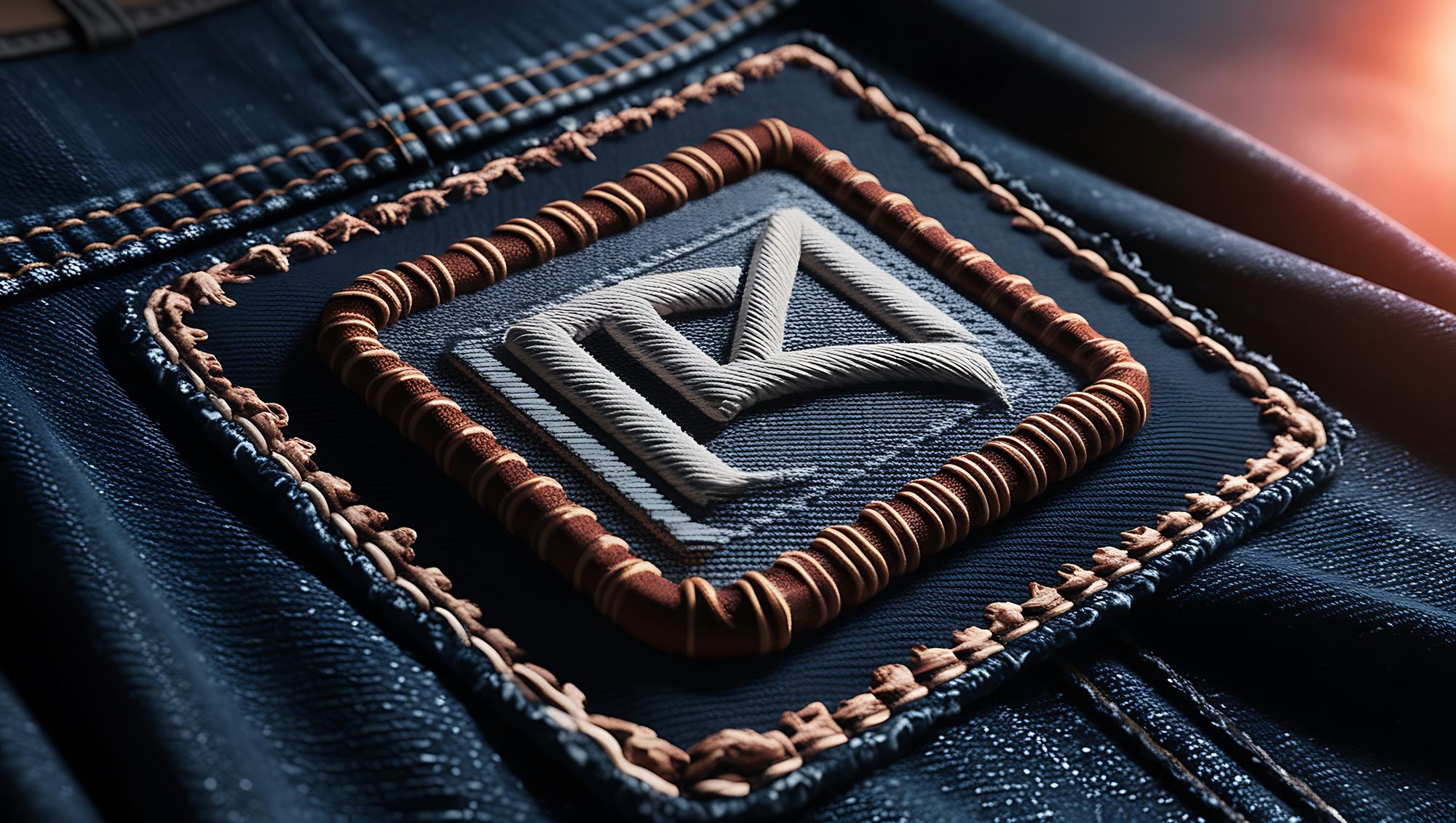 embroidered brand patch on denim
